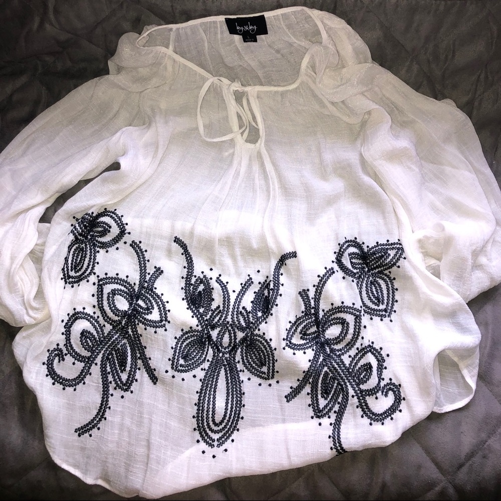 White Long Sleeve Blouse with Black Print